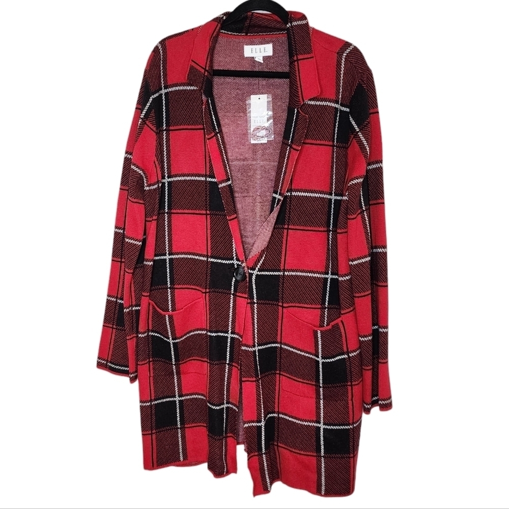 NWT ELLE Red Black Plaid Knit Sweater Coatigan Button Cardigan Size XXL Pockets
